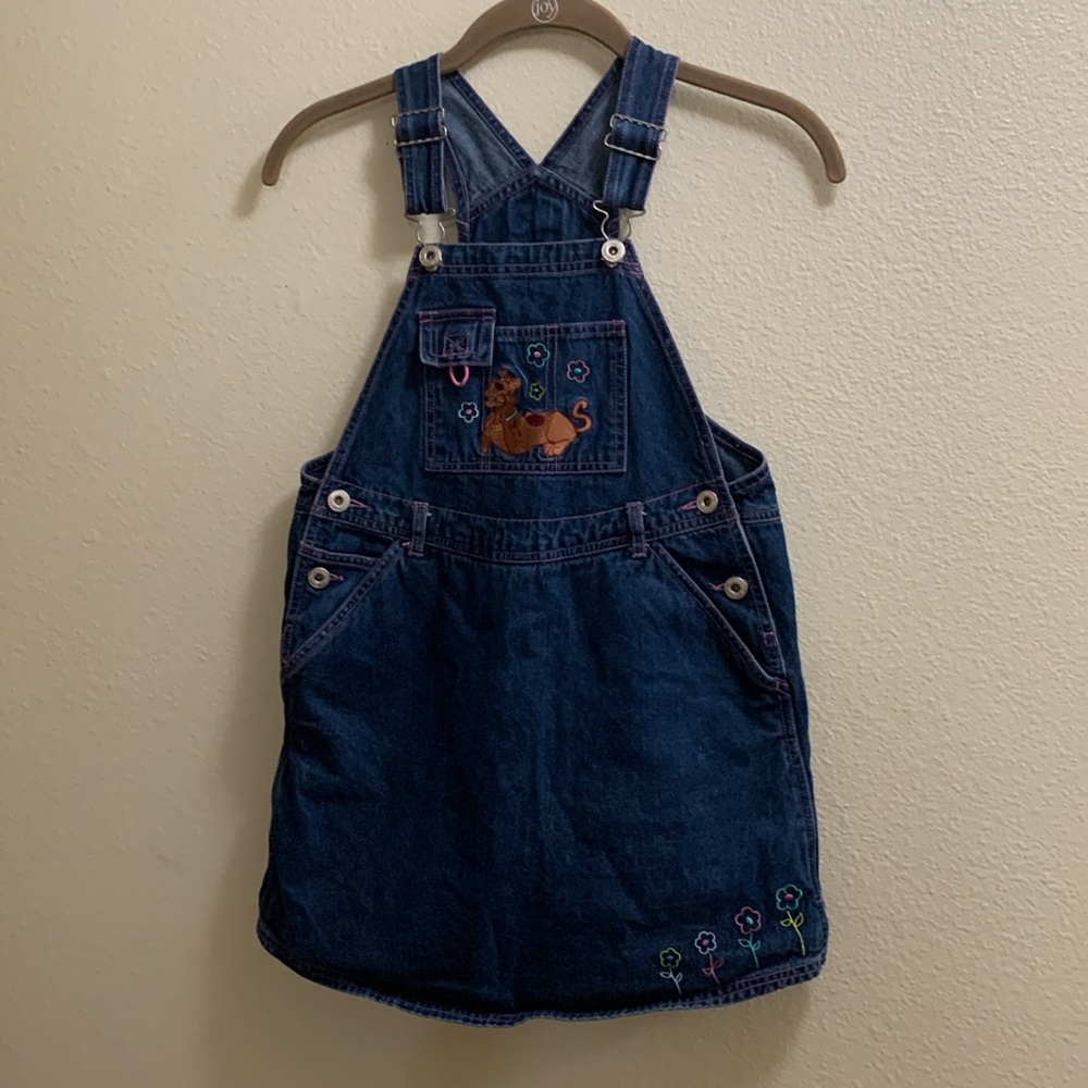 Vintage Y2K Scooby Doo Denim Jean Jumper Dress Shortall Size 7/8 Cotton Floral - Picture 13 of 13
